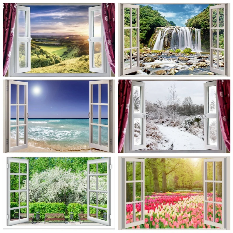 Завеса на прозореца, естествен планински склон, трева, дърво, живописен фон за снимки, Фонови рисунки, Фотосесия