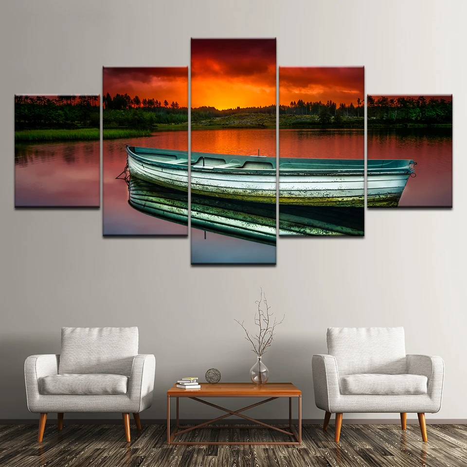 Картина върху платно с дървена лодка по река залез 5 теми Стенни художествена живопис Модулни тапети с принтом плакат Начало декор хол