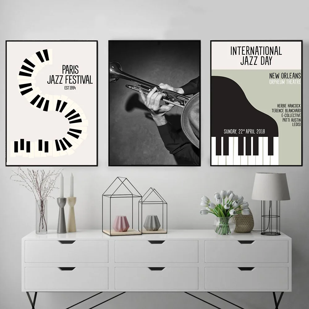 Реколта галерия Платно, маслени картини, плакати, музикални портрети, и различни инструменти, джазовое пиано, саксофон за домашен интериор на спалнята