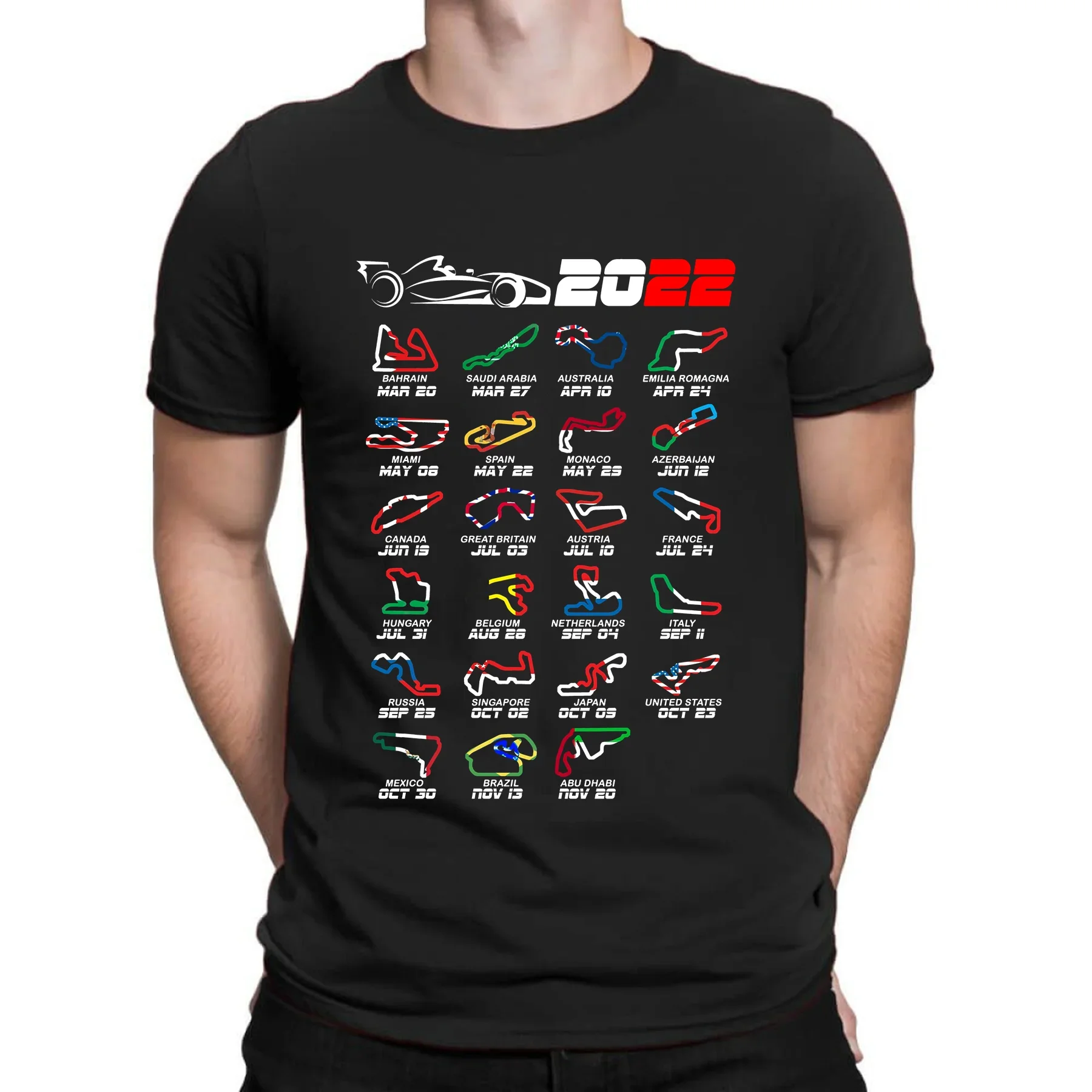 Страхотна риза Случайни календар Оверсайз Formula Race Cars 2022 Circuits Незаменим тениска Мъжки тениски Графична градинска дрехи S-3XL