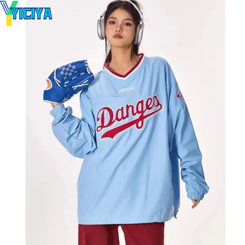 Тениски YICIYA y2k blue racing kpop с бродерия, модни дамски дрехи в стил хараджук, блузи, съкратен топ, американски тениски с дълги ръкави, тениска
