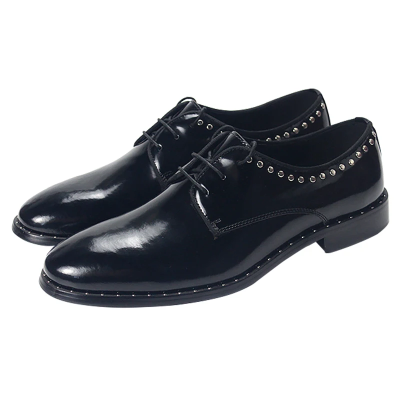 Модерен бизнес мъжки обувки с нитове, остър чорап, черна естествена кожа, Официална сватба мъжки обувки дантела, модел обувки за мъже