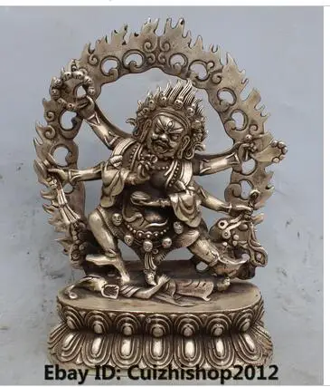 200 мм Украсени с Тибет Сребро Мед Китайски будизъм Бяла Статуя на Буда Махакала украса бронзови фабрика контакти