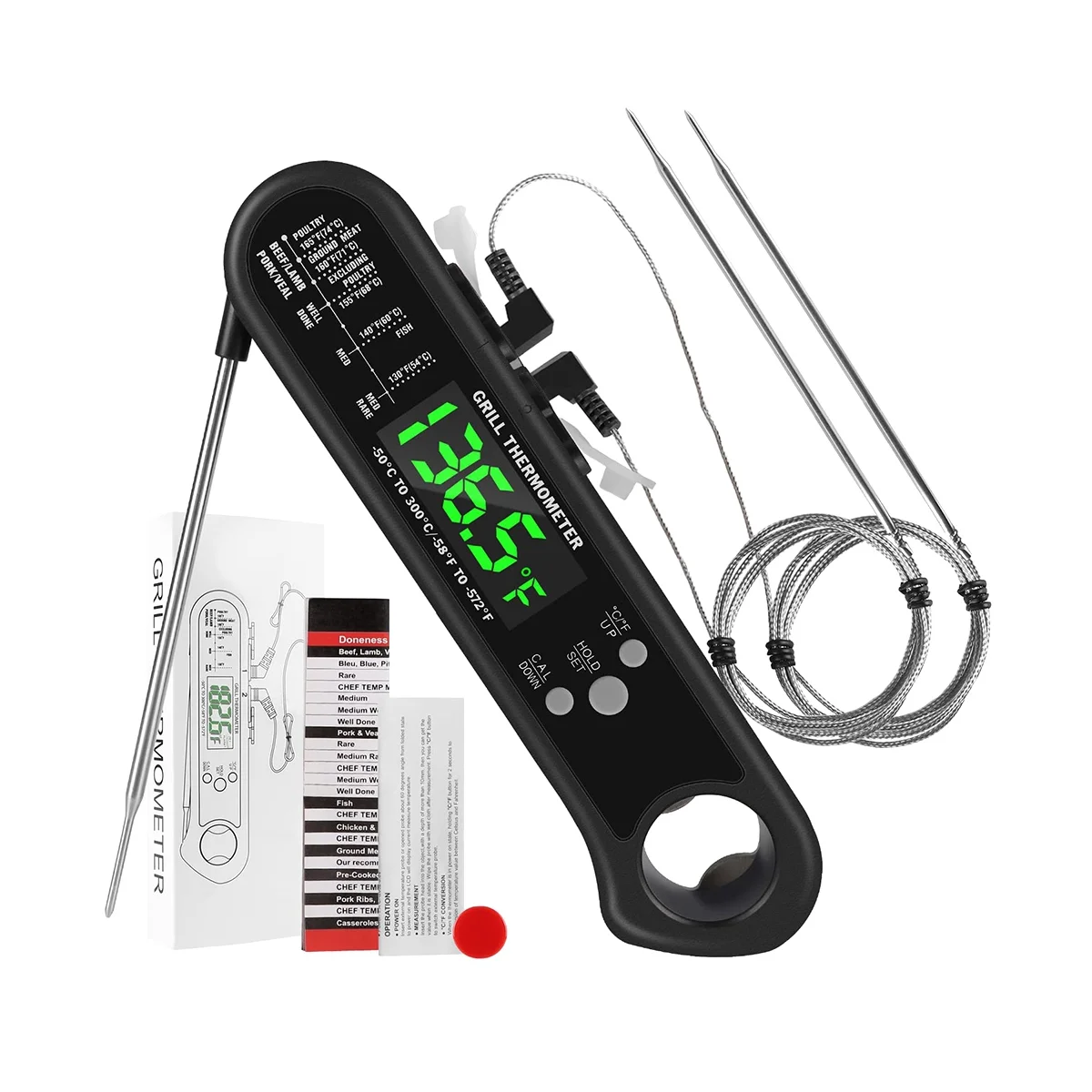 Цифров термометър за месо 3 в 1, хранително-вкусовата термометър миг четене с 2 подвижни фиксирани сонди, калибриране, функция на алармата