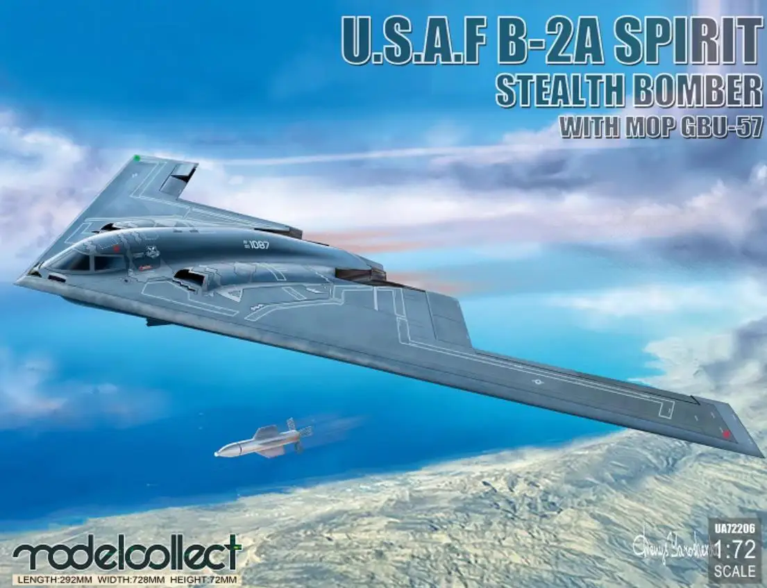 Са подбрани модел UA72206 в мащаб 1/72 военновъздушните сили на САЩ B-2A Spirit Stealth Bomber с модельным комплект МОП GBU-57
