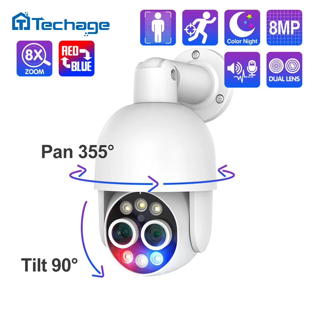 Techage 8-мегапикселова PTZ камера, IP камера POE с две лещи, с 8-кратно хибриден увеличение, автоматично следене, Цветно нощно виждане за комплект за видеонаблюдение