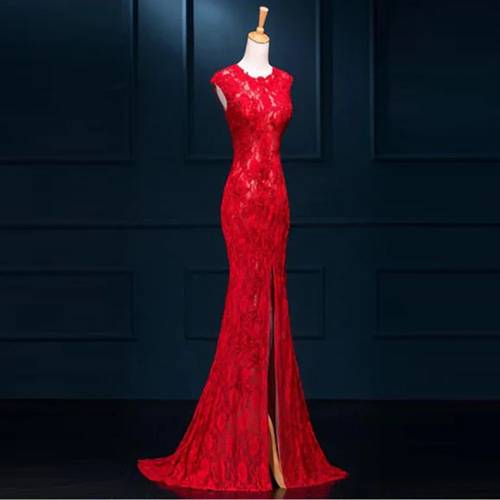 Червено сватбена рокля Русалка дантела Дълга булчинска рокля без ръкави на поръчка Vestidos