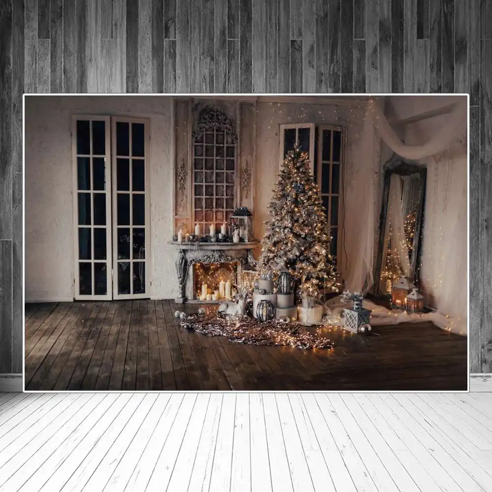 Винтажное домашно Коледно осветление, камина, фон за снимки, Златни светлини, Завеса, огледало, Подарък лампа, на фона на домашно снимка