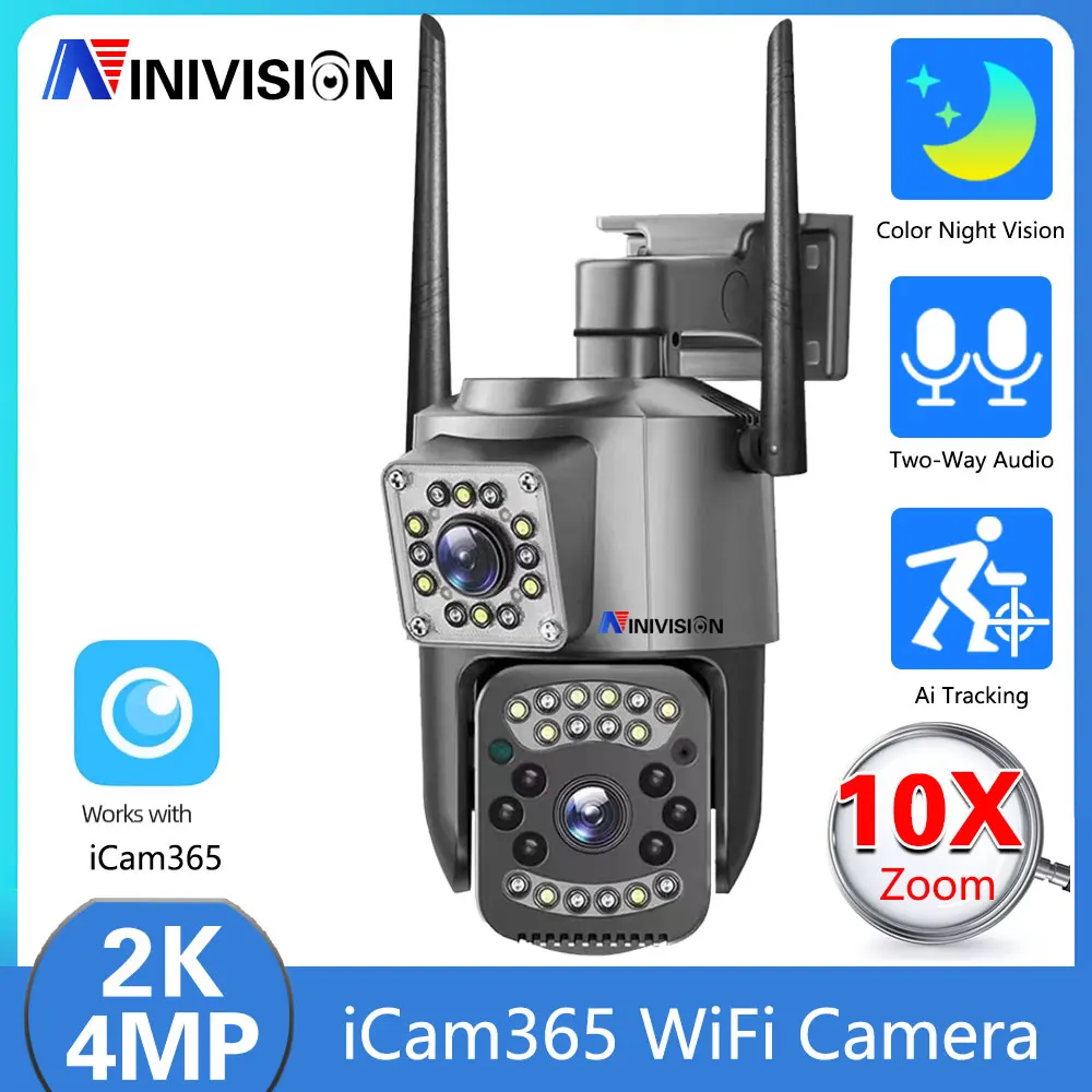 4-Мегапикселова двухобъективная PTZ Wifi външна камера цветно нощно виждане Безжични домашни камера за видео наблюдение с автоматично проследяване на iCam365