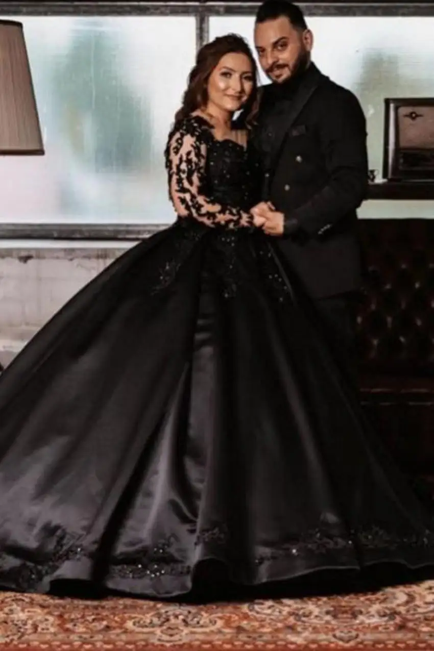 Скромни черни сатенени сватбени рокли с дълъг ръкав, стрелка с форма на струята, готически арабски рокля с прозрачна врата и аппликацией от мъниста за официални събития