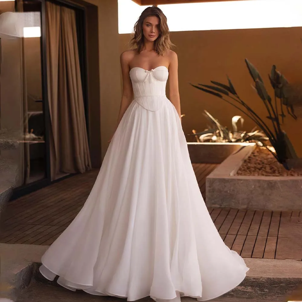 Прости шифоновые плажни сватбени рокли трапецовидна форма, без презрамки, ушити по поръчка, вечерна рокля за младоженци 2024 Vestido De Noival
