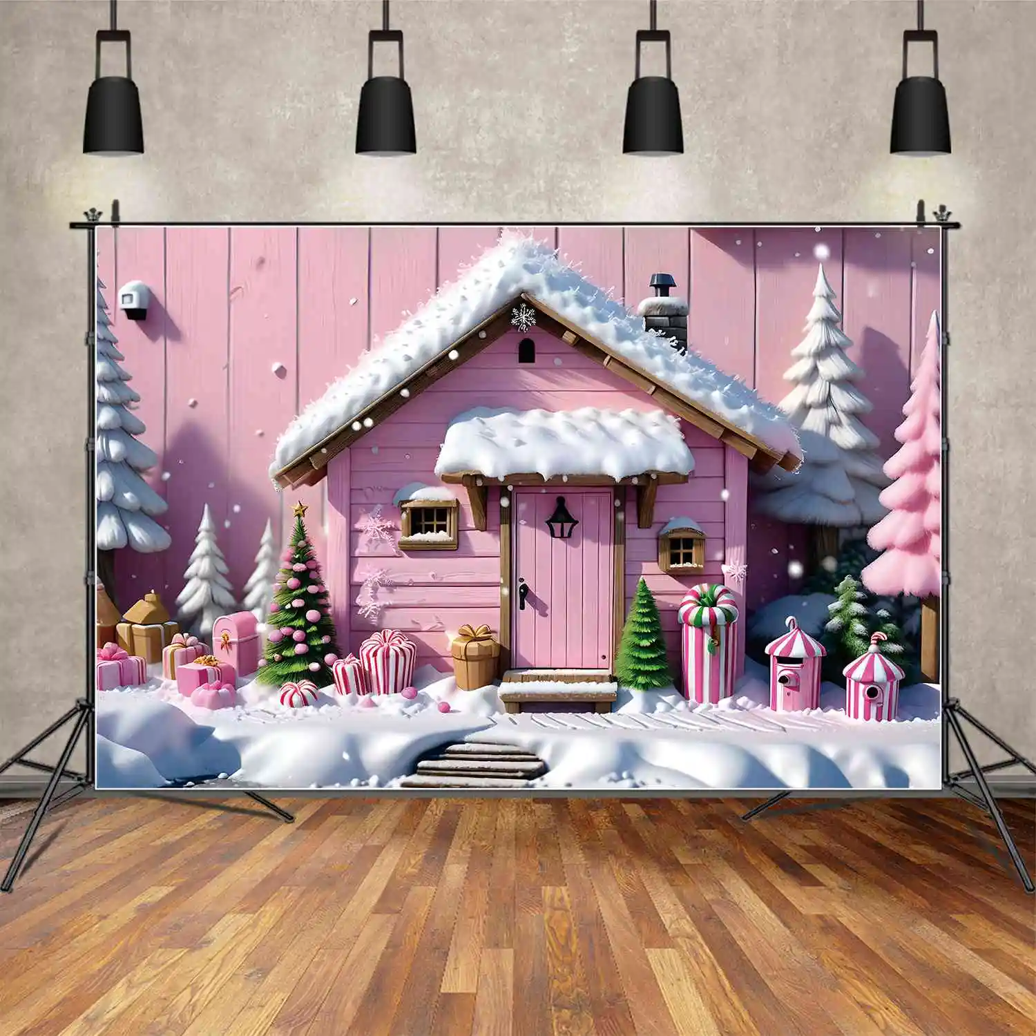 ЛУНАТА.QG Background Детски Коледен Къща Декор Хижа Фотозона Фон за Къща от Розови Дървени Дъски Къща За Партита Реквизит За Снимки