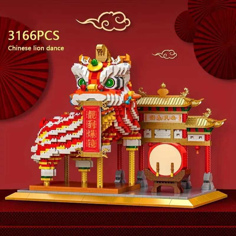Китайски Танц на Лъва Строителни Блокове Коледна Празнична украса Модел Мини Тухли Настолно украшение Забавни Играчки със собствените си ръце, за деца