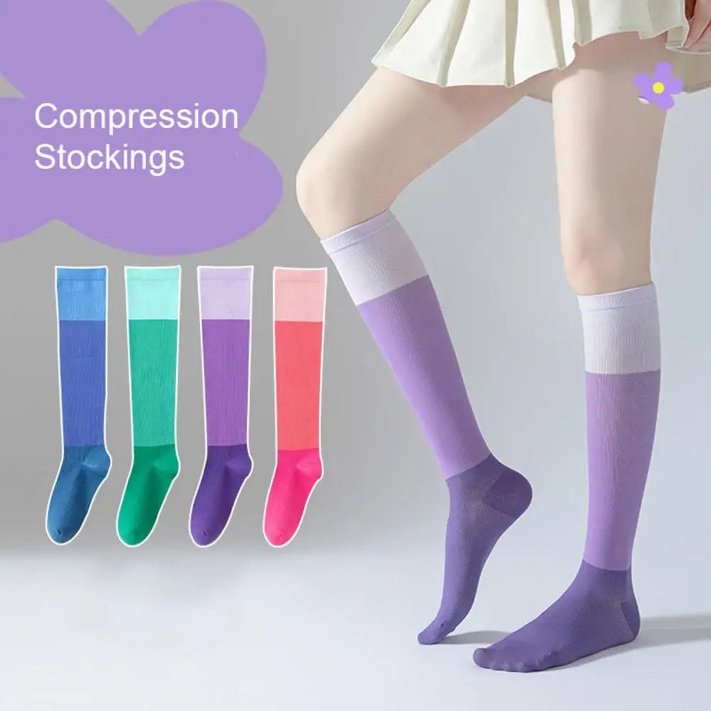 1 Чифт спортни компрессионных отглеждане с цветен блок, высокоэластичные дишащи чорапи с дължина под коляното, чорапи за фитнес на открито с дълга тръба