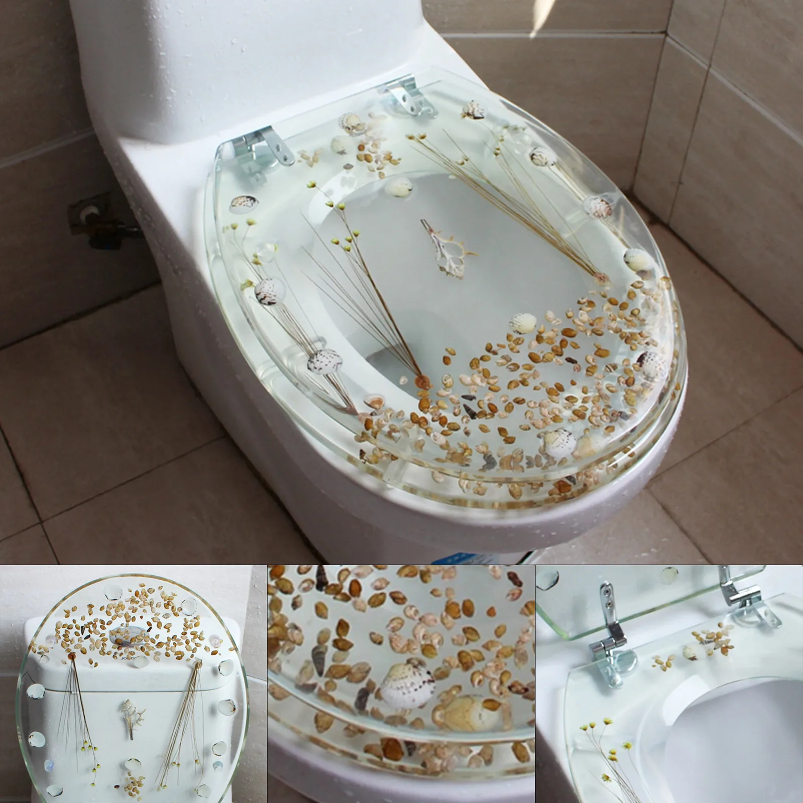 Дебели калъф за седалката на тоалетната чиния от смола, необичаен прозрачен защитен калъф за тоалетни с мивки и хромирани панти, тоалетни принадлежности за баня,