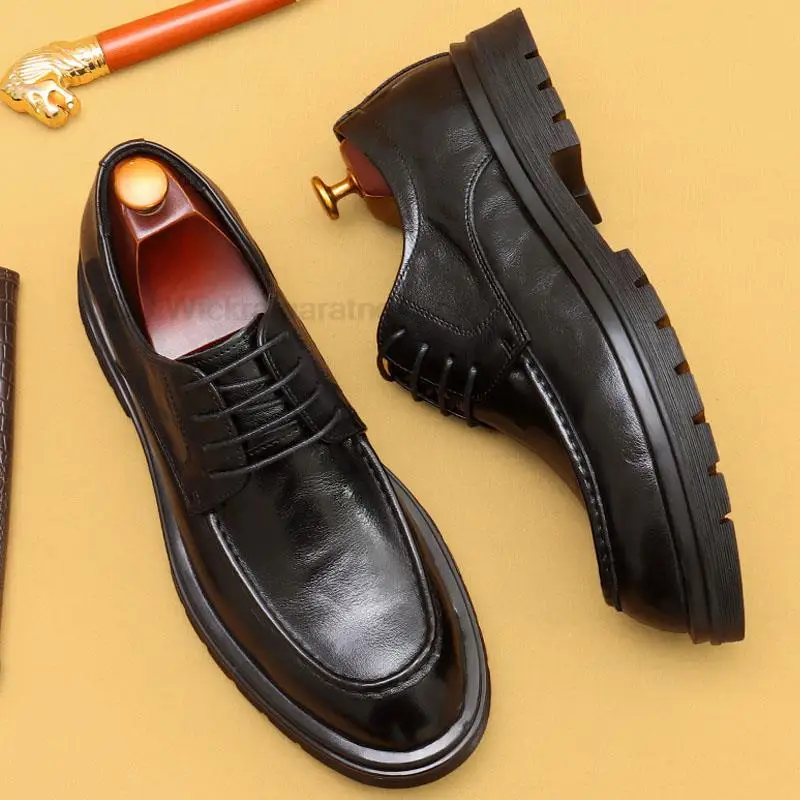 Мъжки обувки Дерби Ръчна изработка От Естествена Кожа, С Кръгли Пръсти, Оксфордские Обувки Черен на Цвят дантела, Мъжки Модни Сватбени Мъжки Модел обувки с перфорации тип 