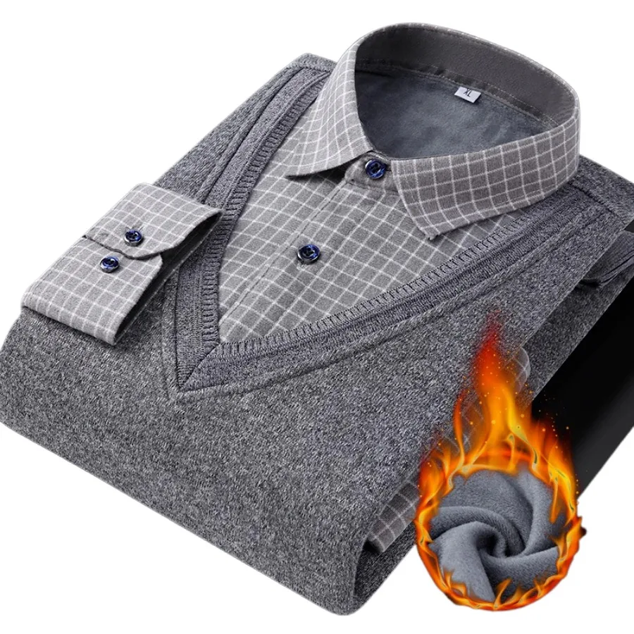 Риза от две части, класически модерен мъжки пуловер, ежедневни ризи 2023, Есен-зима, мъжки топъл пуловер, кадифе, дебел руно, Топло фалшив