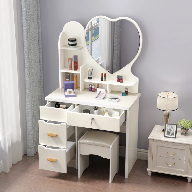 Бели дръжки на чекмеджета тоалетна масичка, модерна дървена тоалетка, огледало, стол, кухненски мебели за спалня