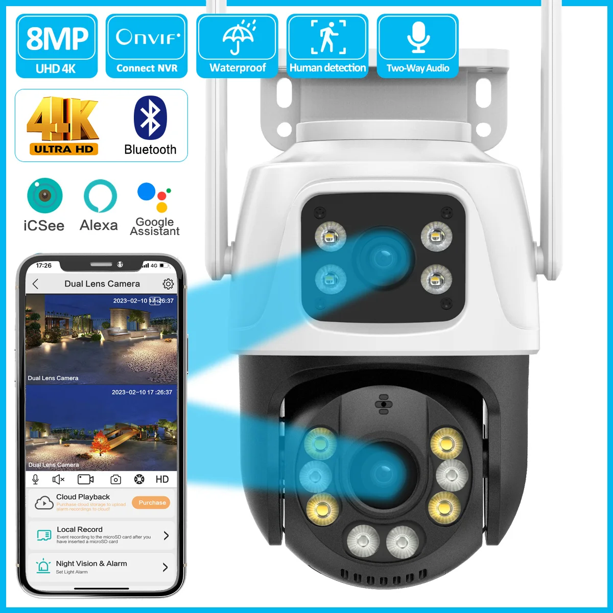 4K 8MP PTZ Wifi IP Камера POE с Двоен Обектив и Двоен Екран с Автоматично Проследяване за Откриване на Човек Безжична Камера за Външно Наблюдение Onvif