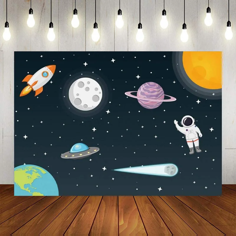Син фон за снимки на тема космоса, за Парти по случай рожден Ден, Пътуване около Слънцето, Планети, Галактики, Звездни фон, Банер, Декор