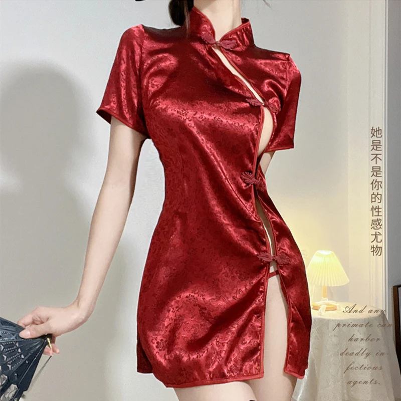 Секси китайски рокля Чонсам в стил ретро, Секси бельо, страст, разреза отстрани, Древна пола Ципао, Традиция, Униформи, Съблазнителна нощница