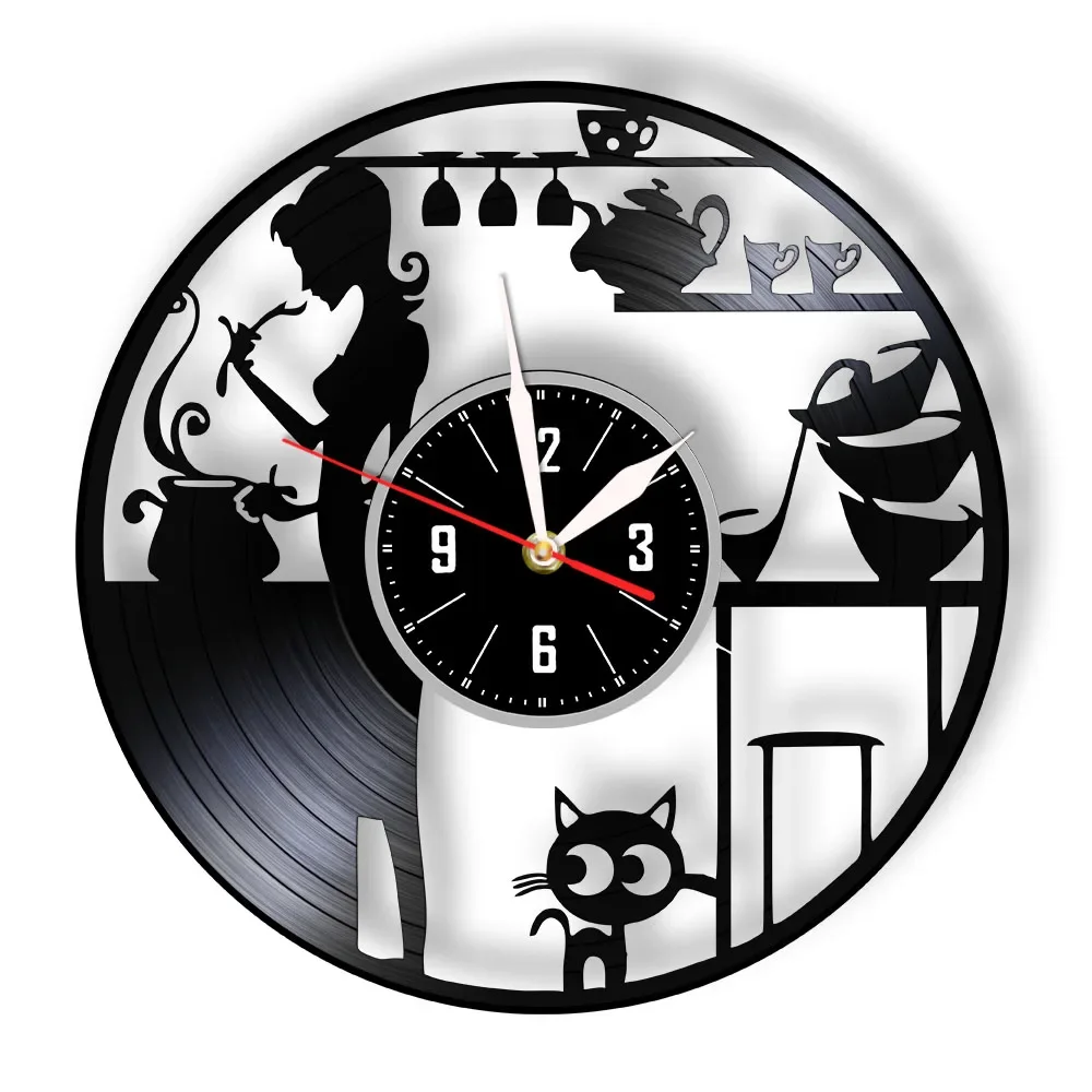 Момиче с котка Vinyl плоча Стенни часовници За приготвяне на кафе Интериор на кухни с Модерен дизайн Часовници и Подарък за домакините