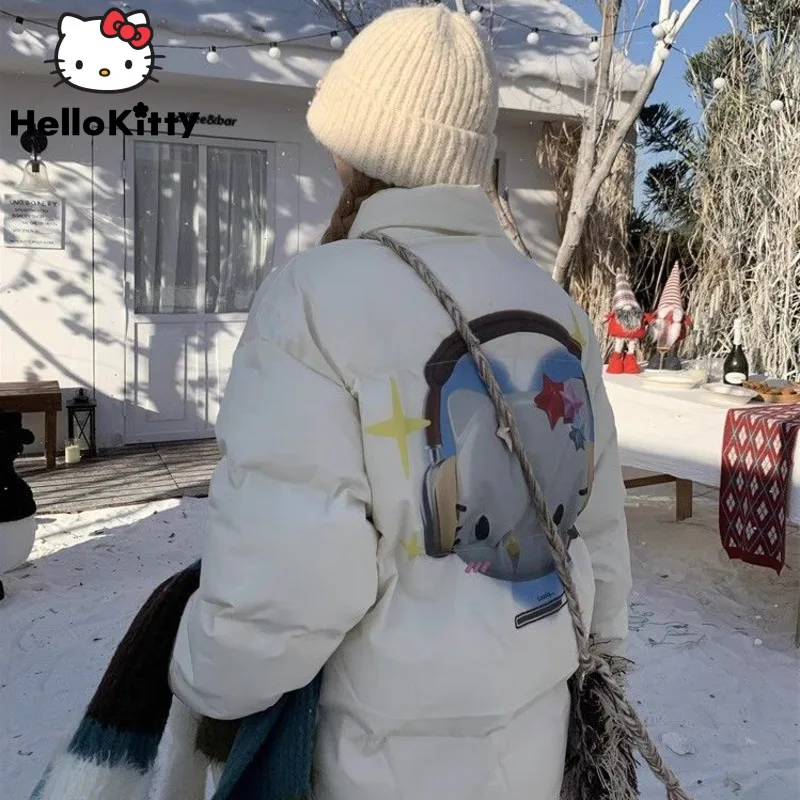 Бяла стеганая яке Sanrio Hello Kitty, дамско зимно топло памучно палто, естетичен cartoony принт, Корейски потник с цип, якета Star Y2k