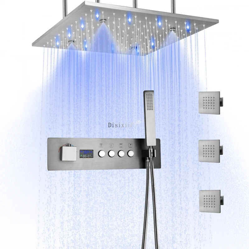 Баня на 4-функционален тавана термостатичен смесител за душ с led дюза 16-инчов набор за защита от дъжд и мъгла с led цифров дисплей