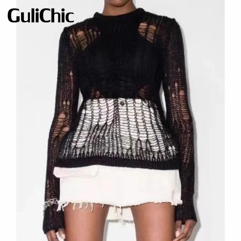 9.21 GuliChic Women High Street, Черно Удобен вязаный пуловер с кръгло деколте и дълъг ръкав, пуловер с отворен гръб