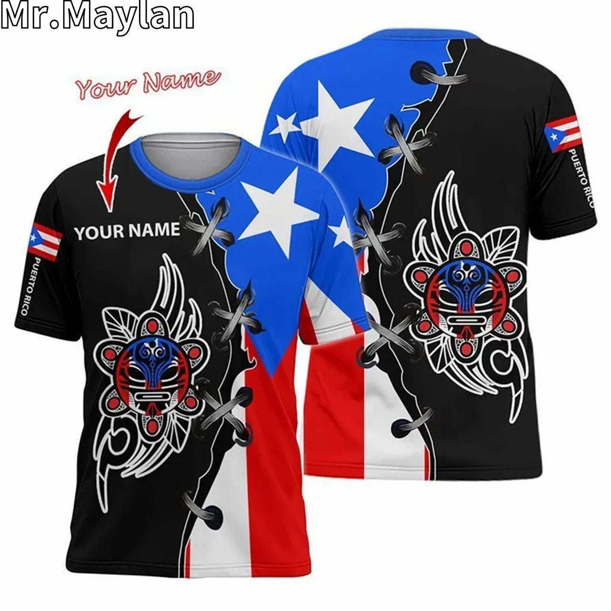Потребителско име PUERTO RICO Country Flag Art 3D Печатна Тениска Мъжка/Женска Тениска С Къс Ръкав Унисекс Harajuku Streetwear W94