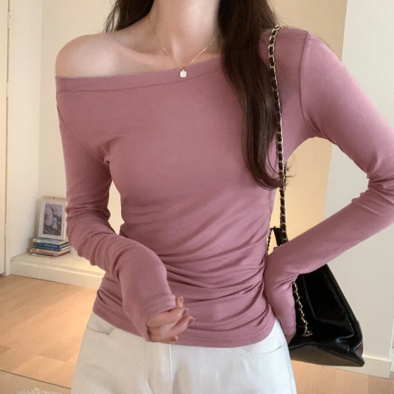 Розова секси дамски блузи с открити рамене, тениски, дамски дрехи с дълъг ръкав, есенни тениски, дамски тениски в корейски стил, женска риза Femme