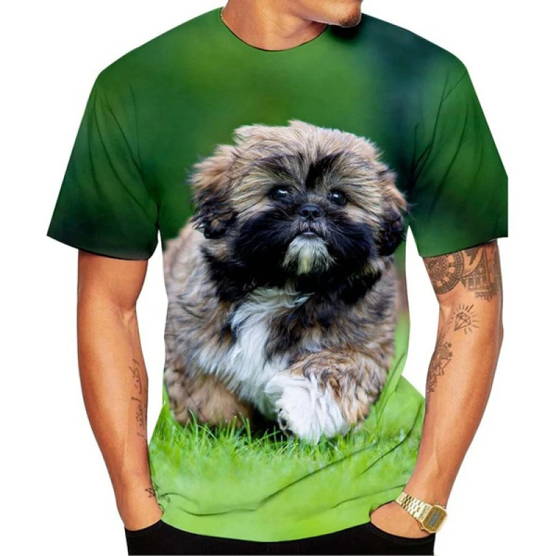 2023 Нова Мода Унисекс, Забавна Тениска с 3D Принтом Куче Ши-Дзъ С Къси Ръкави, Сладки Домашни Любимци, Тениска за Мъже/жени