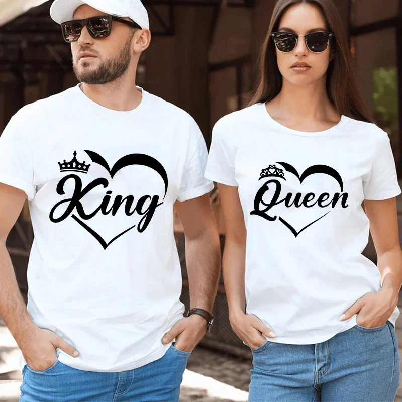 Тениска за влюбени с принтом крал, кралица и корони, нов комплект тениски за влюбени, подарък за годишнина, за приятелка, тениска със сърце