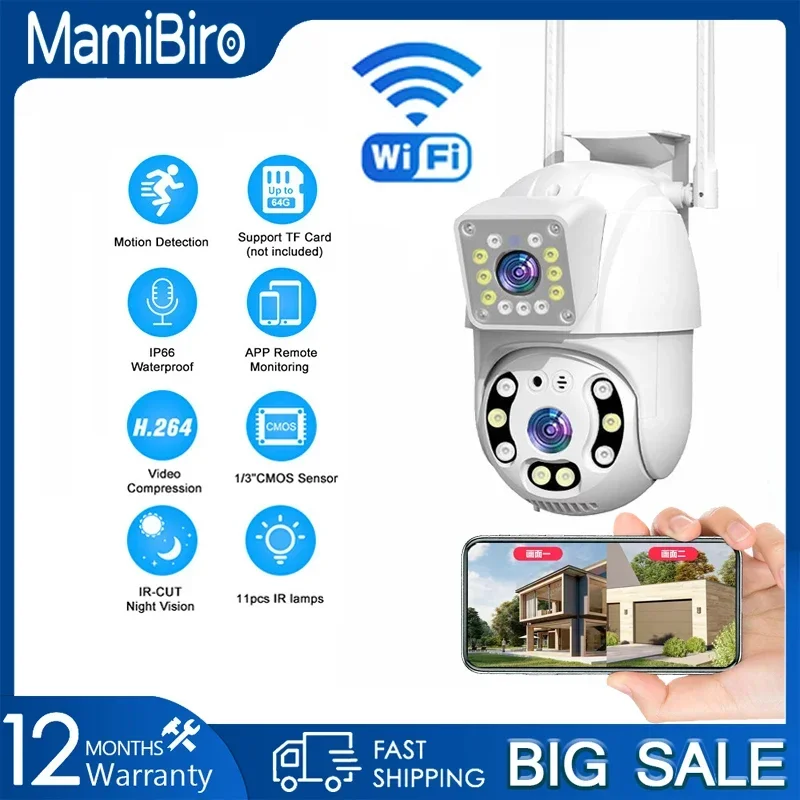 Mamibiro 4MP PTZ Wifi два Обектива на Камерата с Двоен Екран ВИДЕОНАБЛЮДЕНИЕ Ai Human Detect Auto Tracking Безжична Камера за Външно Наблюдение