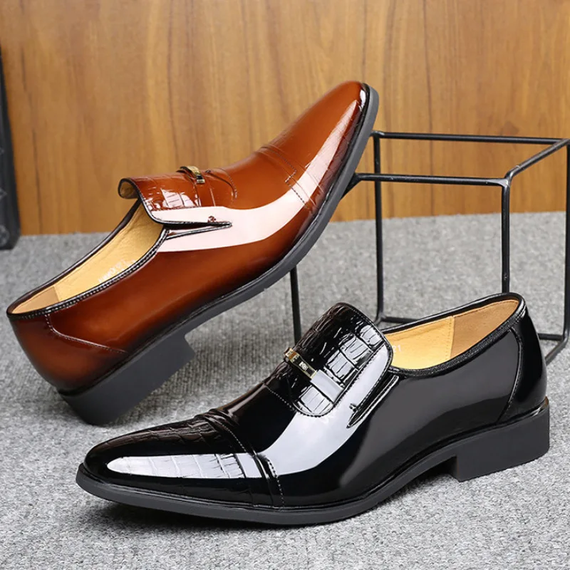 2023 Модерен Мъжки Модел Обувки Наклон Цветове, Кожени Обувки Без скрепителни елементи, по-Големи Размери, Бизнес Ежедневни Вечерни Обувки с Остър Пръсти за Сватба