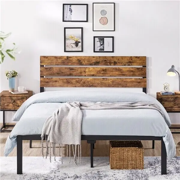Рамка на легло на метална платформа Twin / Full / Queen с дървена таблата в селски стил Кънтри