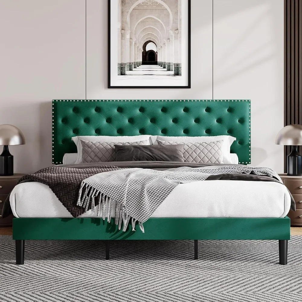 Легло, живеейки кадифе легло-платформа с регулируема диамант пуговицей и за декорация на таблото с пирони, рамка на легло king size