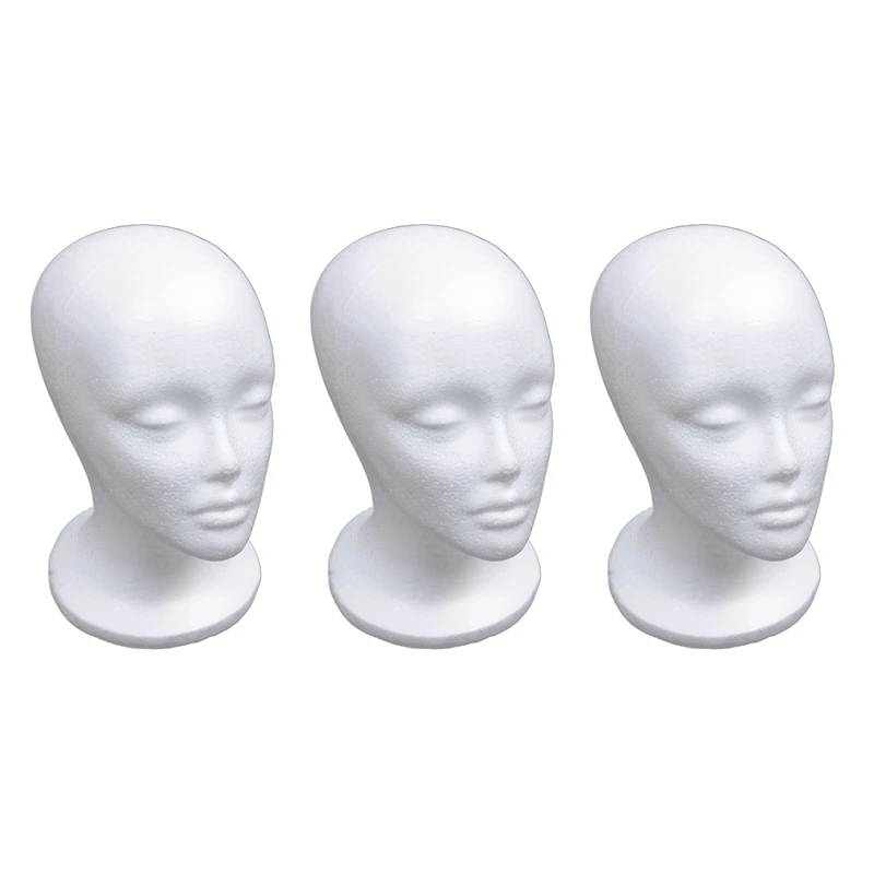 3X Дамски модел на главата на манекена от стиропор, шапка, перука, рафтове за изложбата на стоки, бял