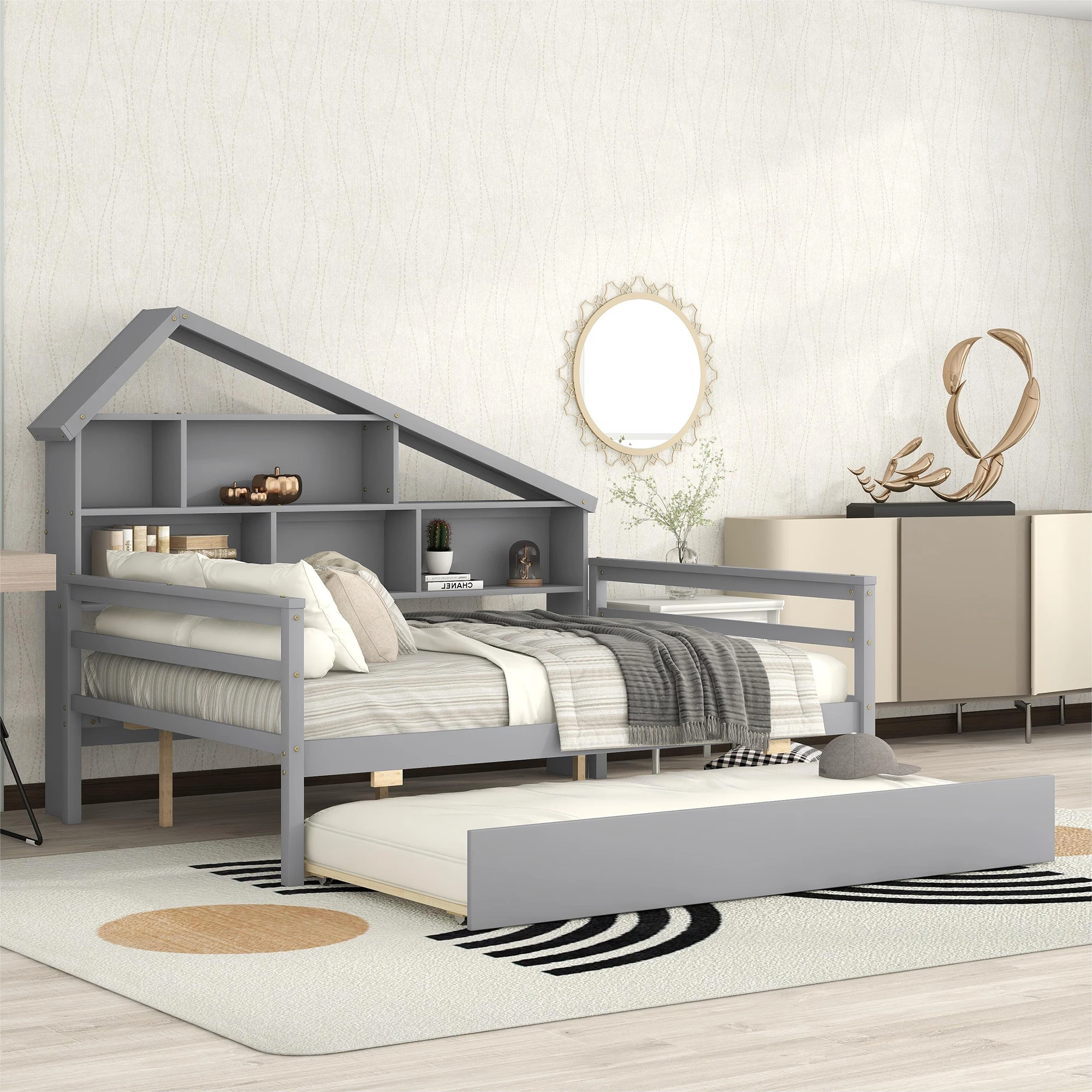 Пълен размер легло-платформа с чекмедже и рафтове, сив