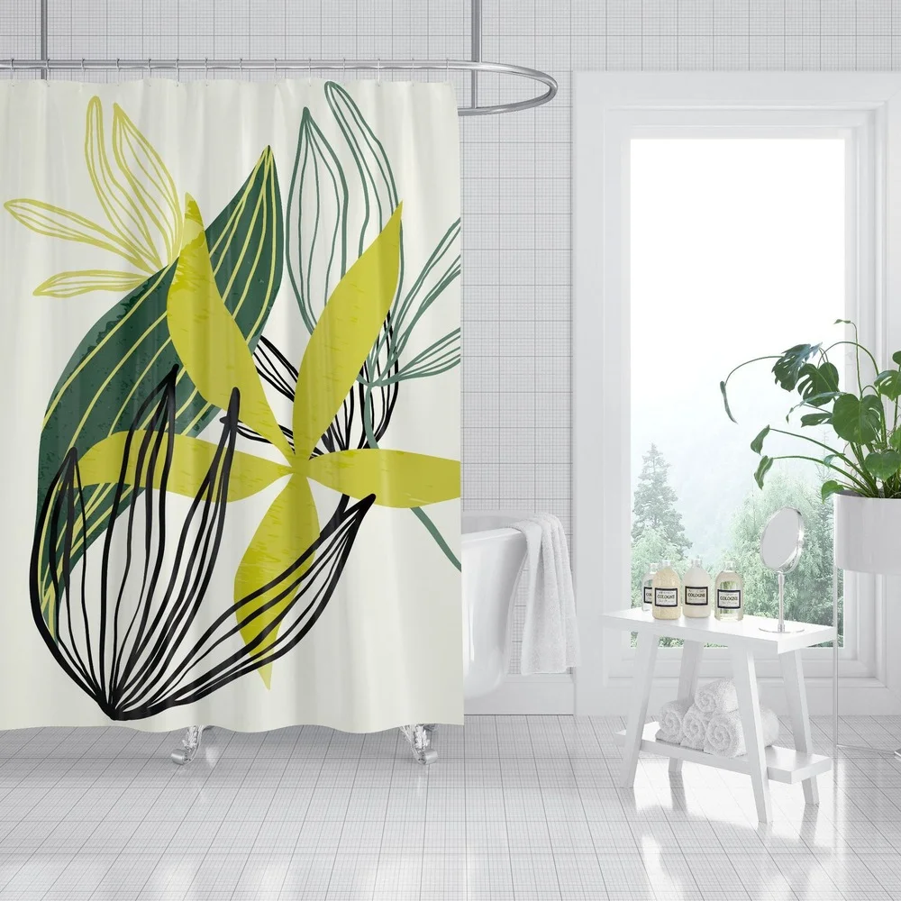 Завеса за душ със зелени листа на растенията, 3D принт, проста бяла завеса за банята, на фона на декор, Водоустойчив полиестер параван за вана