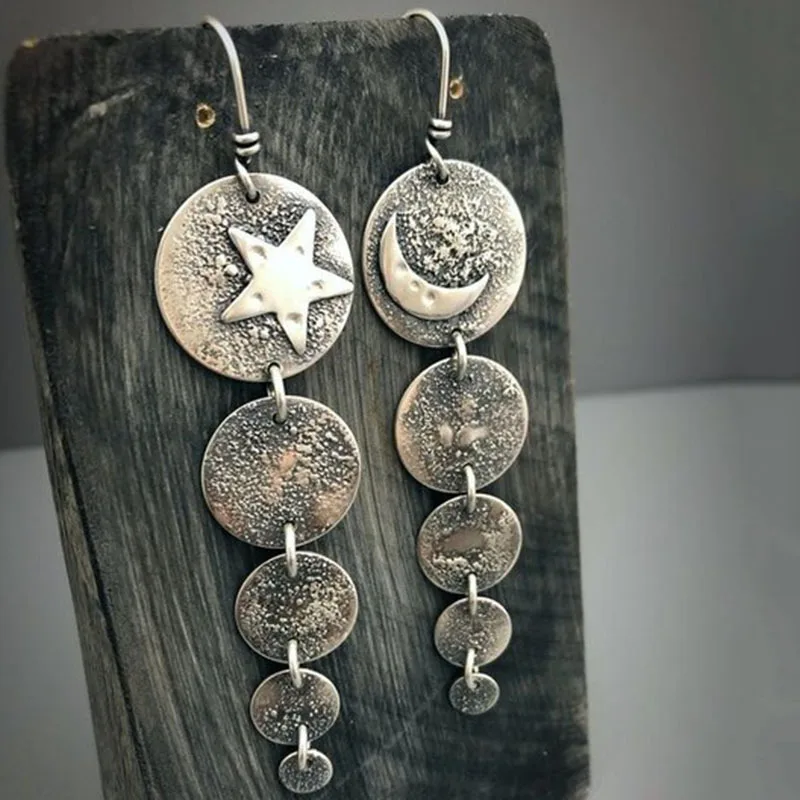 Реколта Сребърни обеци с кръгла геометрия в етнически стил, обеци във формата на Луната и звездите за жени, бижута за годеж