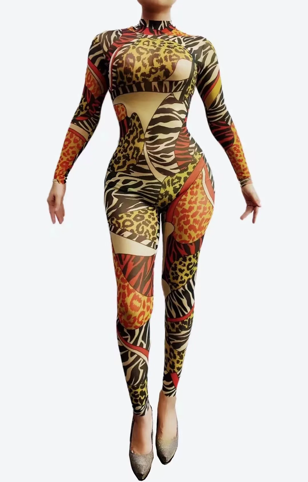 Леопардовый женски секси гащеризон с дълъг ръкав, костюм за изяви в нощен клуб, облекло за сцена
