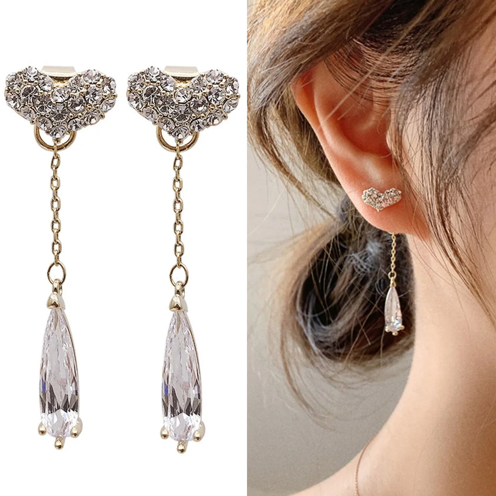 Дамски Корейски Кристални, Блестящи Обеци с цирконии Long Love Heart Fashion Jewelry S925 Silver Needle Сърце Earrings