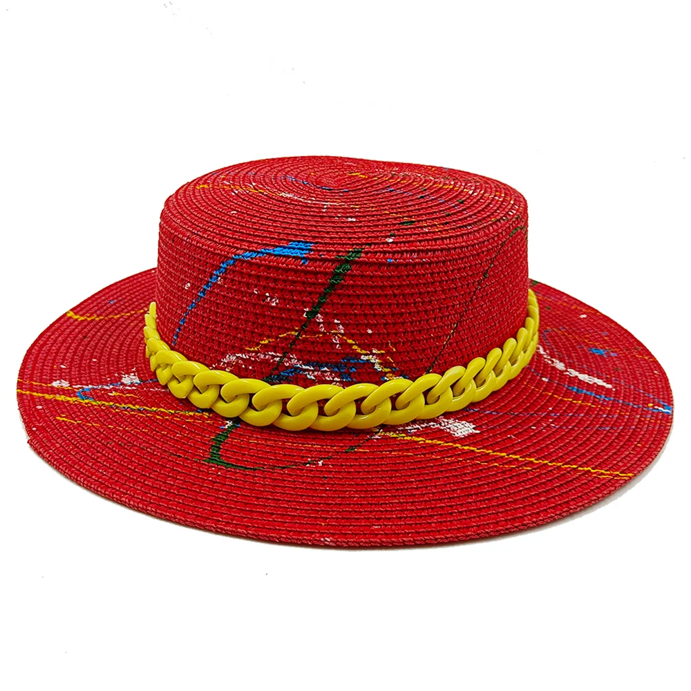 Цвят верига, спрей-боя, сламена шапка, мъжки и дамски шапки, елегантни дамски шапки с плосък покрив, лятна пътна плажна шапка от слънцето, новост 2022 г.