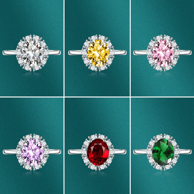 2022 Ново овална пръстен с рубин за жени, дамски романтична мода, пръстен със зелен кристал във формата на четири ноктите, многоцветни бижута със скъпоценни камъни