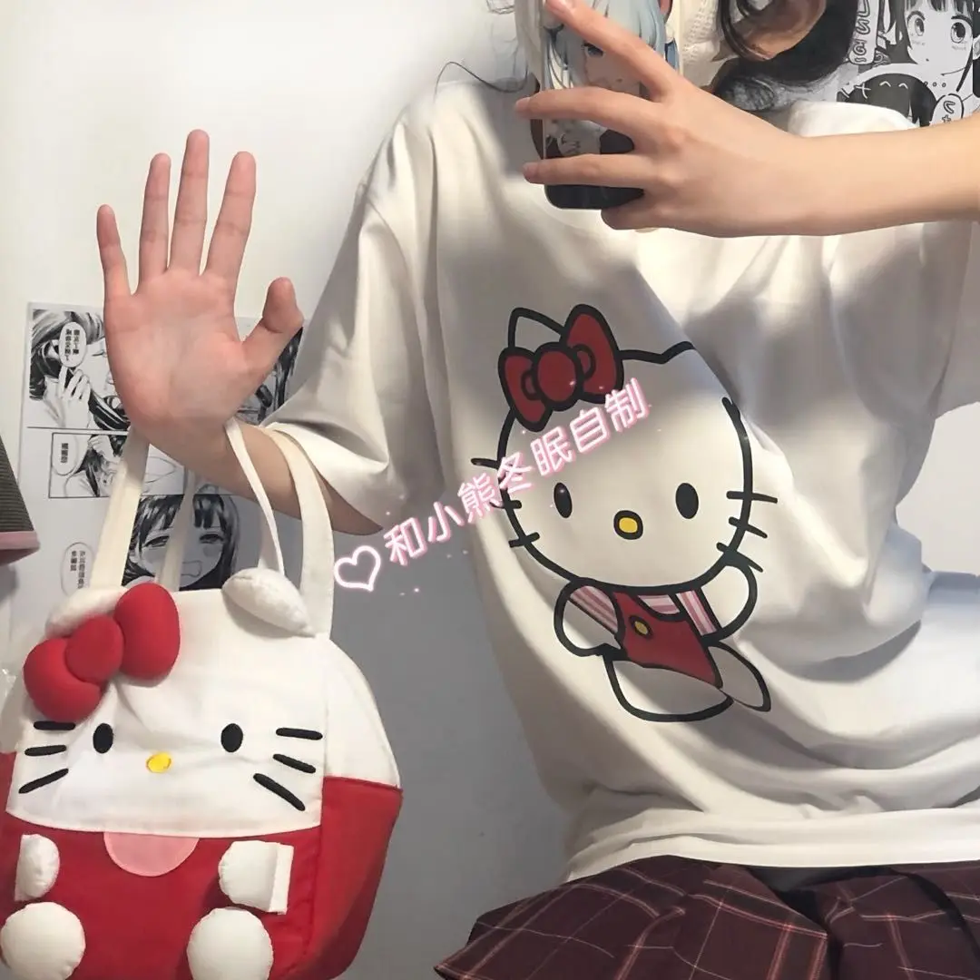 Sanrio Hello Kitty Облекло Памучен Тениска Годишната Свободна Тениска С Къс Ръкав Y2k Топ Женски Тъмен Разпечатки За Момичета Сладко Аниме Harajuku Риза