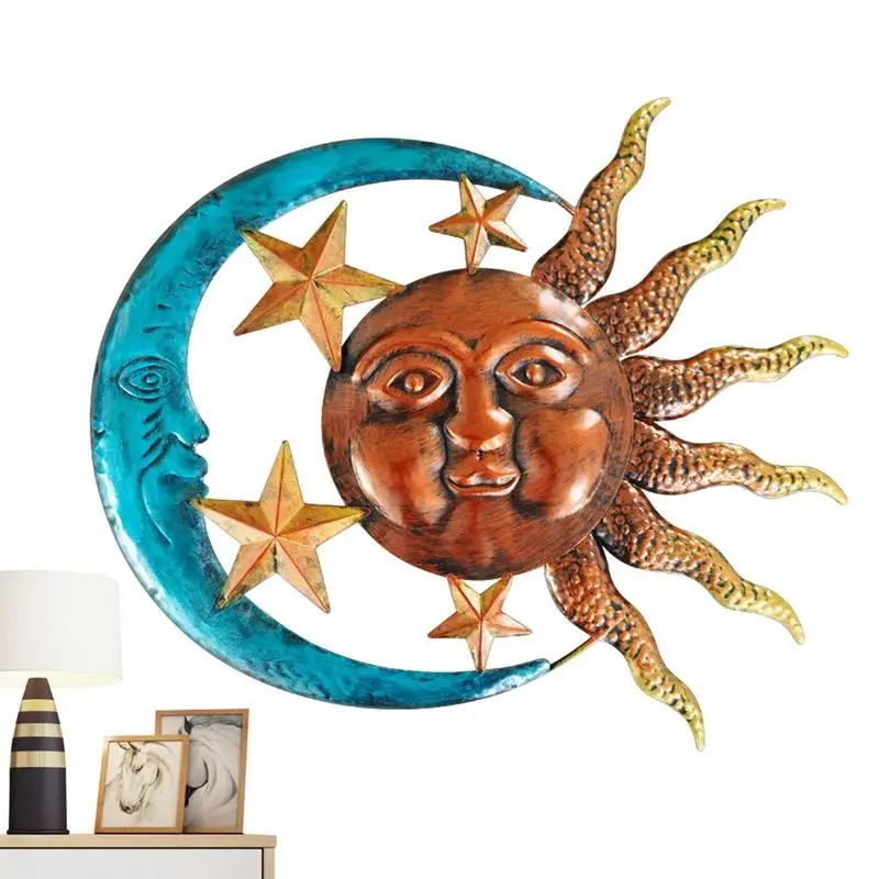 Слънцето И Луната Метални Стенни Декорации Двор Ярко Слънчево Лицето На Небето, Стенни Скулптури От Метал Слънцето И Луната Стенен Декор Sun Moon