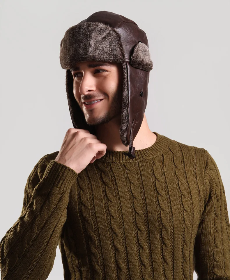 Мъжка руска шапка Есен Зима Топло за Защита на ушите Однотонная шапка от изкуствена кожа за езда Ветроупорен шапки Безплатна доставка