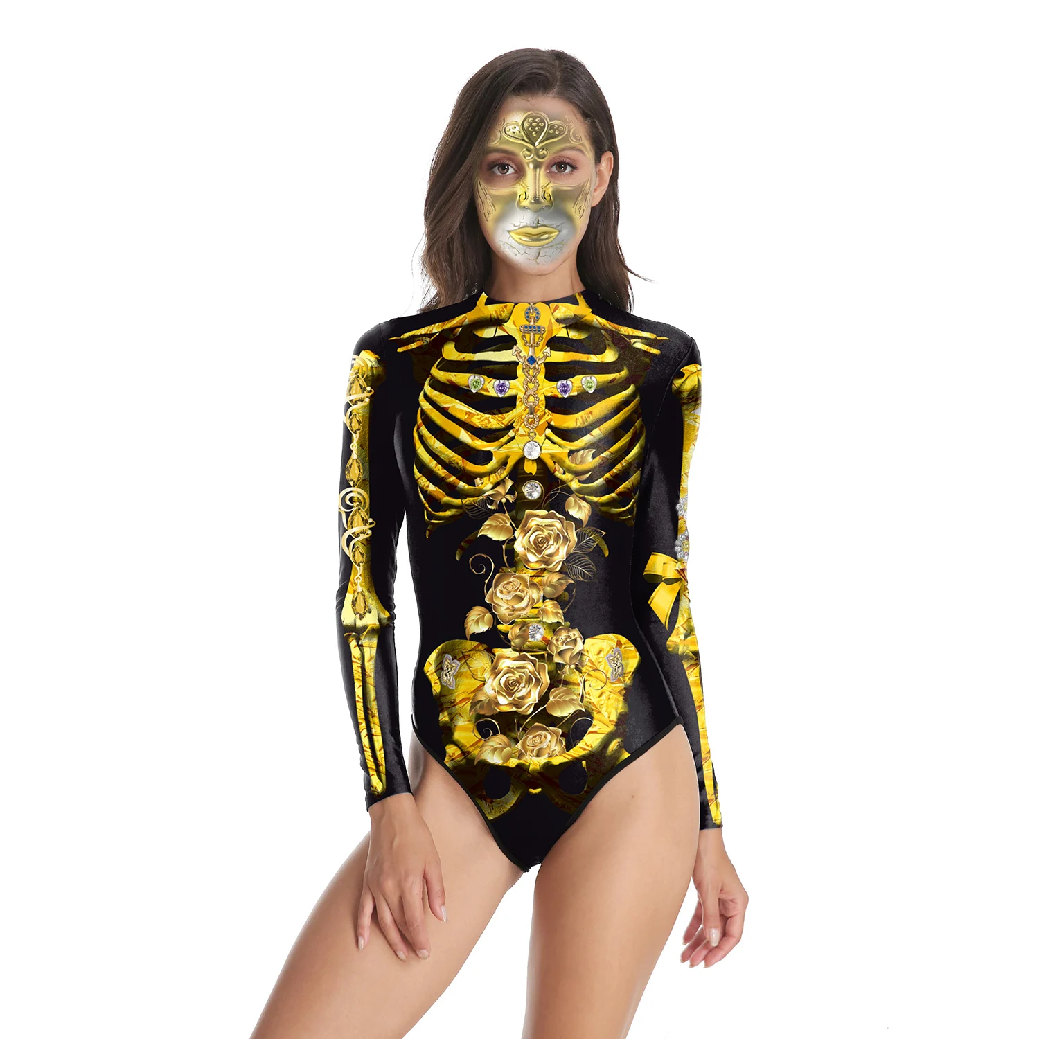 Женски бански костюм за Хелоуин Nadanbao, едно парче бански с 3D принтом на Черепа и скелета, летен бански костюм за парти с дълъг ръкав