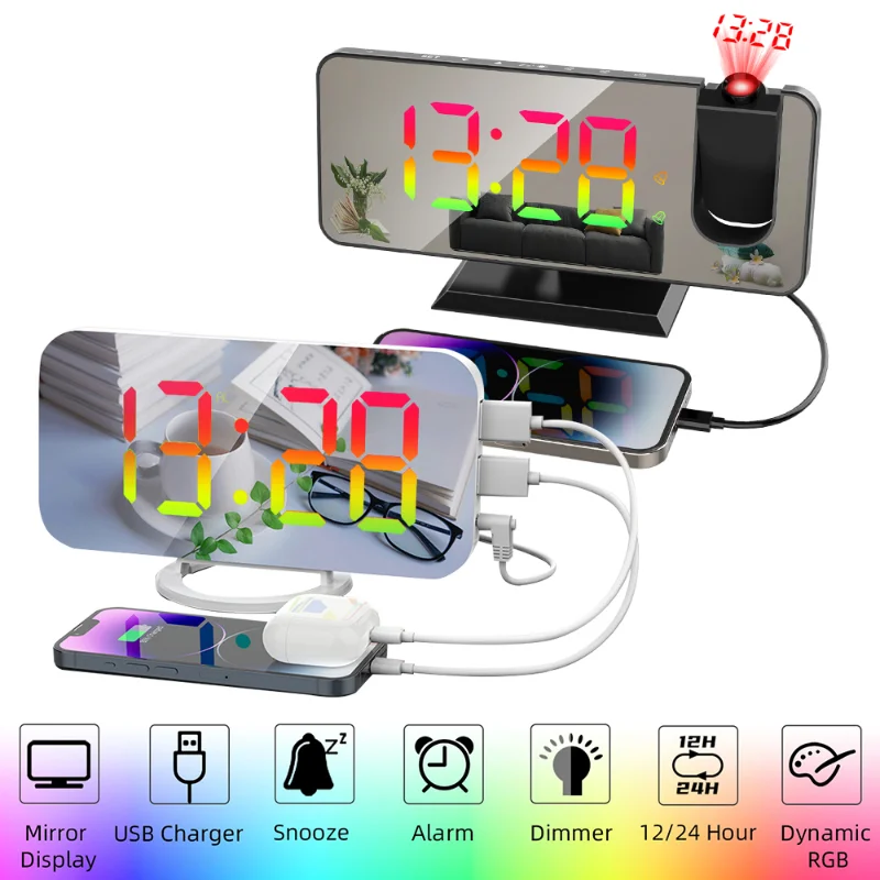 Огледален Digital alarm clock Динамиката на RGB Дисплей Пробуждане Повторение Настолни Часовници USB Електронен Тавана Проектор Часовници Декор на стая